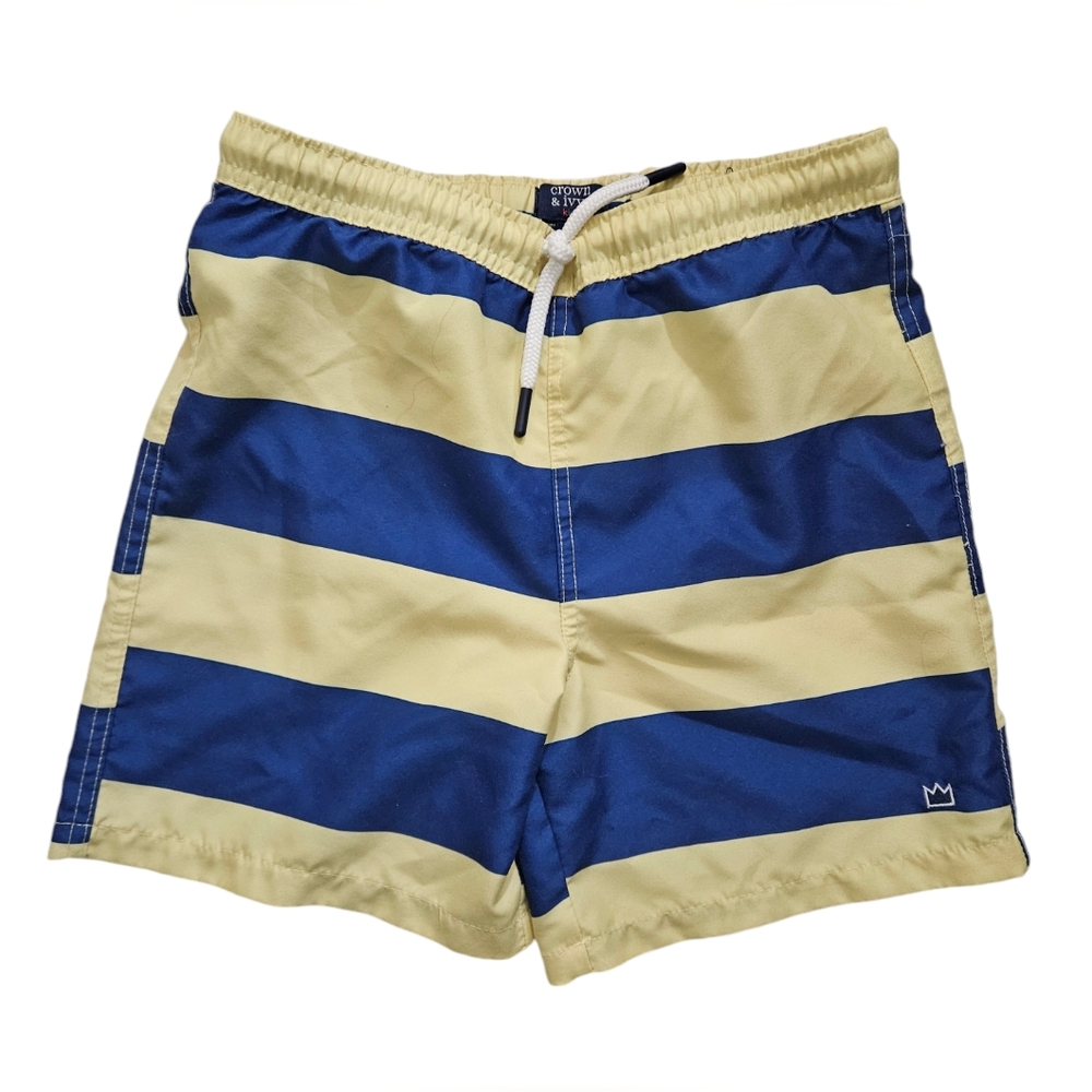 Crown & Ivy KIDS swimtrunks. Blue and Yellow Stripe pattern. SIZE SMALL.